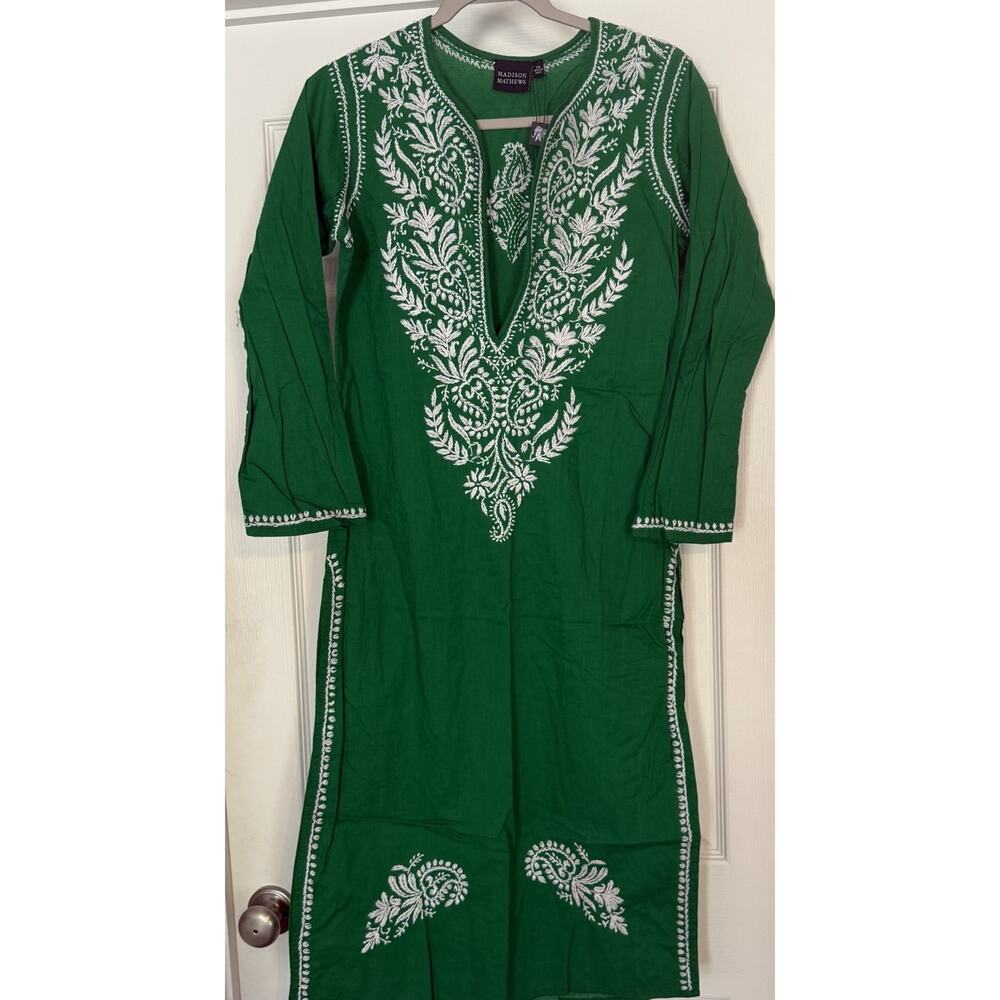 Madison Mathews NWOT Dress XS‎ Kelly Green Embroidered Shift Cotton Kurti Slits